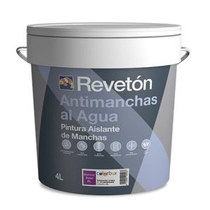Cubeta de 4 litros de pintura Revetón Antimanchas al Agua, diseñada para ser aislante de manchas y adecuada para diversas superficies. Ideal para proyectos de renovación y mantenimiento en el hogar.