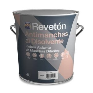 Cubeta de pintura Revetón Antimanchas al Disolvente de 4 litros, diseñada para aislar manchas difíciles en superficies. Ideal para proyectos de renovación y mantenimiento.