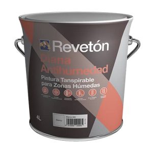 Cubeta de pintura Revetón Diana Antihumedad de 4 litros, diseñada para zonas húmedas, con propiedades transpirables y resistencia a la humedad.