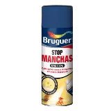 Spray anti-manchas Bruguer Stop Manchas, ideal para eliminar manchas en paredes y superficies. Envase azul con diseño atractivo y detalles en rojo y amarillo.