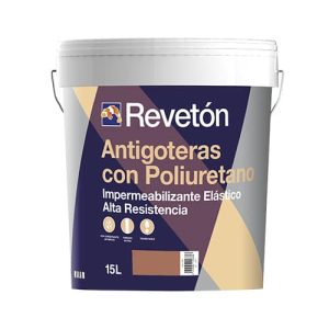Cubeta de 15 litros de Revetón Antigoteras con Poliuretano, un impermeabilizante elástico de alta resistencia, ideal para proteger superficies de filtraciones y humedad.