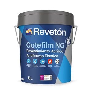 Cubeta de 15 litros de Revetón Cotefilm NG, un revestimiento acrílico elástico y antifisuras, ideal para proteger superficies exteriores e interiores.