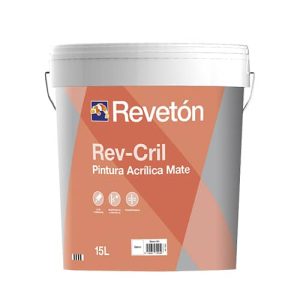 Cubeta de 15 litros de pintura acrílica mate Rev-Cril de Revetón, ideal para proyectos de decoración y renovación de interiores y exteriores.