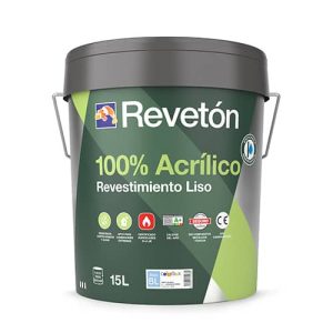 Cubeta de pintura Revetón 100% acrílico de 15 litros, ideal para revestimientos lisos, con etiquetas de certificación y características destacadas para uso en interiores y exteriores.