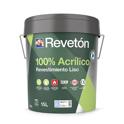1426_100-Acrilico-Liso-Mate15L-316.jpg Cubeta de pintura Revetón 100% acrílico de 15 litros, ideal para revestimientos lisos, con etiquetas de certificación y características destacadas para uso en interiores y exteriores.