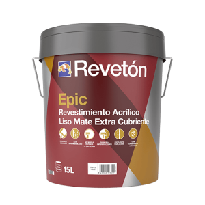 Cubeta de pintura Revetón Epic de 15 litros, revestimiento acrílico liso mate extra cubriente, ideal para interiores y exteriores, con propiedades impermeables y alta durabilidad.
