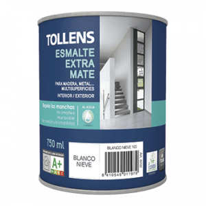 Lata de esmalte extra mate Tollens de 750 ml, ideal para madera, metal y multip superficies, apto para interior y exterior, con propiedades antimanchas y acabado en color blanco nieve.