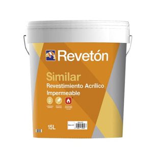 Cubeta de 15 litros de revestimiento acrílico impermeable Revetón, con un diseño moderno en color naranja y gris, ideal para proyectos de construcción y renovación.