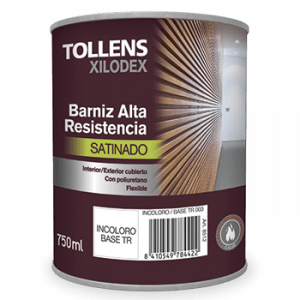 Lata de barniz satinada Tollens Xilodex de 750 ml, diseñada para interiores y exteriores, con alta resistencia y formulación flexible. Ideal para proteger superficies de madera.