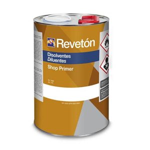 Lata de disolventes Revetón Shop Primer, diseñada para preparar superficies antes de pintar, con etiquetas de advertencia sobre su uso seguro.