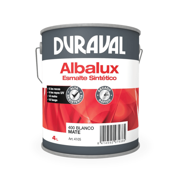 4104_ALBALUX_ESMALT_SINT_4L_mate-600x600-1.png Lata de 4 litros de esmalte sintético Albalux de Duraval, color blanco mate, con propiedades de alta resistencia, secado rápido y protección contra moho y rayos UV. Ideal para diversas aplicaciones en pintura.