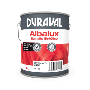 Lata de 4 litros de esmalte sintético Albalux de Duraval, color blanco mate, destacando su alta resistencia, rápido secado y protección contra moho y rayos UV. Ideal para diversas aplicaciones en interiores y exteriores.