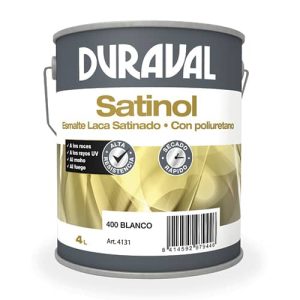 Lata de esmalte laca satinada Duraval Satinol en color blanco, de 4 litros, con características de alta resistencia a roces, rayos UV y moho, y secado rápido.