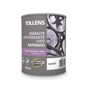 Lata de 750 ml de esmalte antioxidante liso satinado Tollens, diseñado para protección sobre metal y superficies oxidadas, color blanco.
