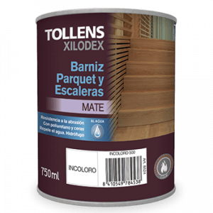 Lata de 750 ml de barniz mate Tollens Xilodex para parquet y escaleras, resistente a la abrasión y repelente al agua. Ideal para proteger superficies de madera.