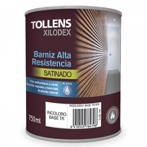 Lata de barniz Tollens Xilodex de 750 ml, acabado satinado, ideal para proteger y embellecer superficies de madera, resistente a rayones y manchas, a base de agua.