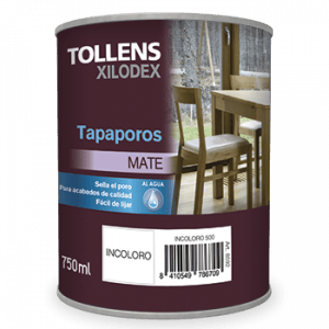 Lata de 750 ml de tapaporos mate Tollens Xilodex, ideal para sellar y proteger acabados de madera, fácil de aplicar y a base de agua.