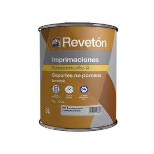 Envase de 3 litros de imprimación Revetón, componente A, diseñado para soportes no porosos. Producto incoloro, ideal para preparar superficies antes de la pintura.