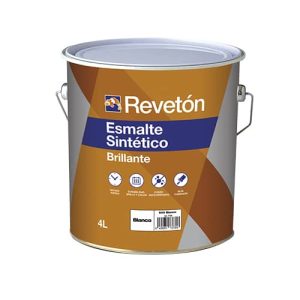 Lata de 4 litros de esmalte sintético brillante Revetón en color blanco, ideal para acabados de alta calidad en superficies interiores y exteriores.