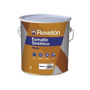 Lata de 4 litros de esmalte sintético mate de la marca Revetón, color blanco, ideal para acabados suaves y duraderos en superficies interiores y exteriores.