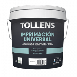 Envase de 4 litros de imprimación universal Tollens, adecuado para diversas superficies como cemento, escayola, PVC, cartón yeso, hierro, temple y madera. Secado rápido y excelente cubrición.