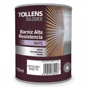 Barniz mate de alta resistencia Tollens Xilodex en envase de 750 ml, ideal para interiores y con propiedades flexibles.