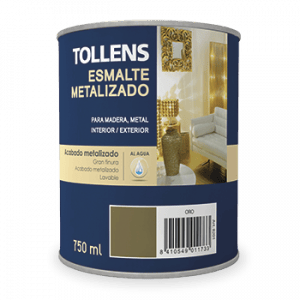 Lata de esmalte metalizado Tollens de 750 ml, ideal para madera y metal, apto para interiores y exteriores, con acabado dorado y lavable.