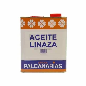 Lata de aceite de linaza de la marca Palcanarias, utilizada en pintura y acabado de madera.