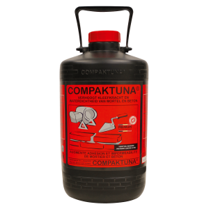 Botella de 1 litro de Compaktuna, un aditivo que aumenta la adherencia y la impermeabilidad de morteros y concretos, ideal para mejorar la calidad de mezclas en construcciones.