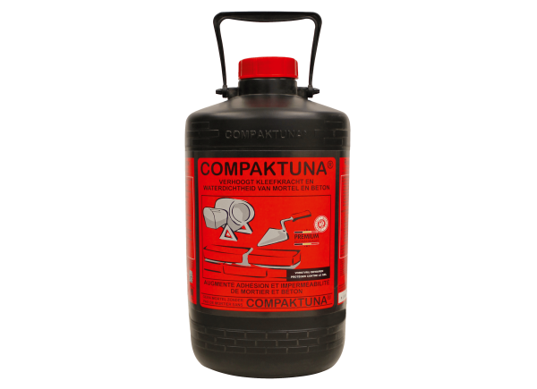 Botella de 1 litro de Compaktuna, un aditivo que aumenta la adherencia y la impermeabilidad de morteros y concretos, ideal para mejorar la calidad de mezclas en construcciones.