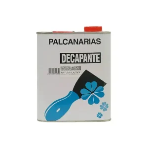 Lata de decapante de la marca Palcanarias, utilizada para remover pintura plástica, con diseño en blanco y azul y un aplicador gráfico en la etiqueta.