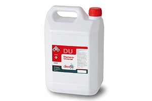 Envase de producto químico DU de 5 litros con tapa roja, utilizado para desinfección y limpieza industrial.