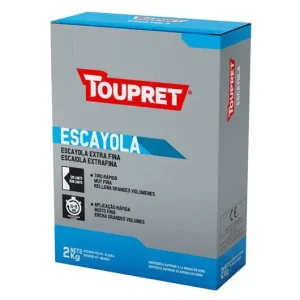 Caja de escayola extra fina Toupret de 2 kg, ideal para aplicaciones rápidas y relleno de grandes volúmenes. Producto recomendado para trabajos de construcción y reparación.