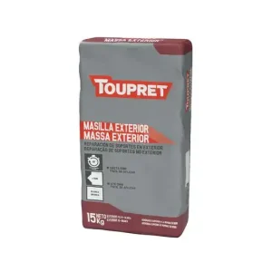Saco de masilla exterior Toupret de 15 kg, ideal para la reparación de soportes en exteriores. Producto resistente y fácil de aplicar.
