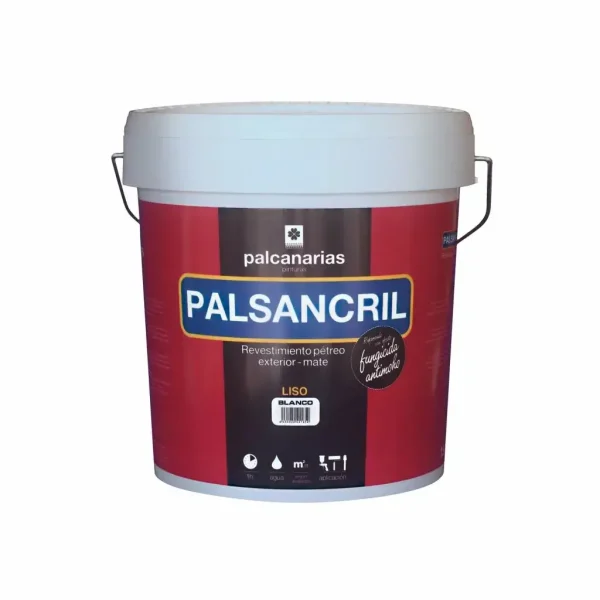 Cubeta de pintura Palsancril de Palcanarias, revestimiento pétreo exterior mate en color blanco, ideal para aplicaciones en exteriores con propiedades fungicidas.