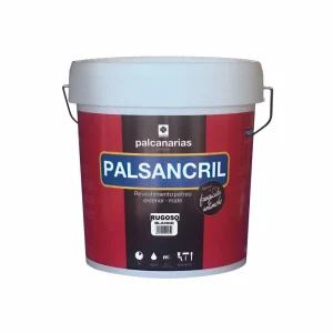 Envase de pintura Palsancril de Palcanarias, revestimiento pétreo exterior mate, color blanco rugoso, ideal para aplicaciones en exteriores, con propiedades fungicidas y antimanchas.