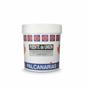 Envase de 5 litros de Puente de Unión, un fondo adherente para el anclaje de morteros diversos, aplicable sobre hormigón, ladrillo y morteros, ideal para uso en interiores y exteriores.