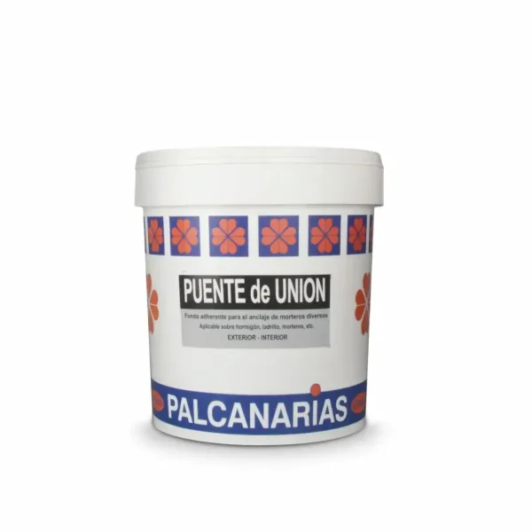 Envase de 5 litros de Puente de Unión, un fondo adherente para el anclaje de morteros diversos, aplicable sobre hormigón, ladrillo y morteros, ideal para uso en interiores y exteriores.