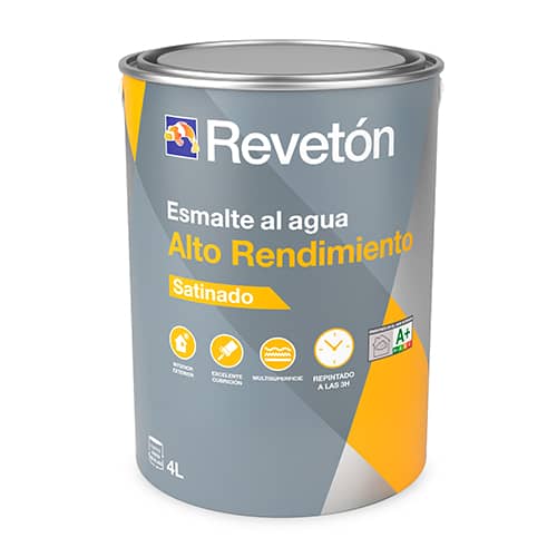 Reveton_4L_Alto-Rendimiento_P2163_mod-207.jpg Lata de 4 litros de esmalte al agua Revetón, de alto rendimiento y acabado satinado, ideal para proyectos de pintura en interiores y exteriores.