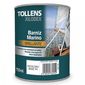 Envase de 750 ml de barniz marino brillante Tollens Xilodex, diseñado para resistir la humedad y el salitre, con protección UV y gran elasticidad, ideal para superficies expuestas al agua.