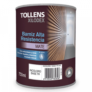Lata de barniz alta resistencia mate Tollens Xilodex de 750 ml, ideal para proteger superficies de madera con acabado natural y resistencia a manchas y rayones.