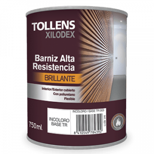 Envase de 750 ml de barniz brillante Tollens Xilodex, diseñado para alta resistencia, apto para interiores y exteriores, con propiedades de protección contra el polvillo y flexibilidad.