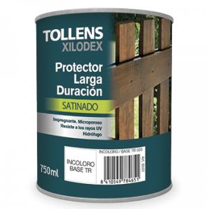 Lata de 750 ml de protector para madera Tollens Xilodex, acabado satinado, diseñado para ofrecer larga duración y resistencia a los rayos UV y la humedad. Ideal para proteger superficies de madera.