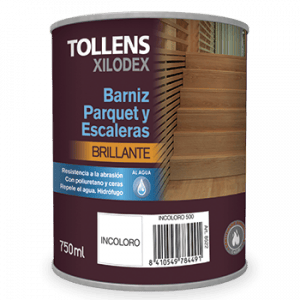 Envase de barniz brillante Tollens Xilodex para parquet y escaleras, 750 ml, resistente a la abrasión y al agua, ideal para proteger superficies de madera.
