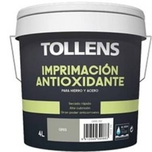Cubeta de imprimación antioxidante Tollens de 4 litros, diseñada para hierro y acero, con características de secado rápido y alta lubricación. Ideal para proteger superficies metálicas.