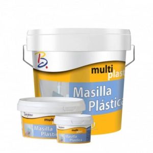 Envase de masilla plástica MultiPlast, incluyendo un balde grande y dos envases más pequeños, ideal para reparaciones y acabados en superficies.