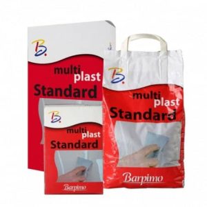 Paquete y bolsa de producto Multi Plas Standard de Barpimo, ideal para trabajos de reparación y acabado en construcción.