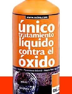 Botella de tratamiento líquido contra el óxido de la marca Oxi, con etiqueta naranja que destaca su eficacia en la eliminación de óxido en superficies metálicas. Ideal para mantenimiento industrial y doméstico.