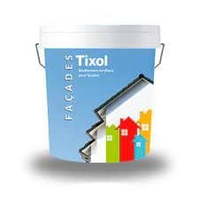 Cubeta de pintura Tixol para fachadas, con diseño colorido y gráfico de casas, ideal para proyectos de renovación y decoración exterior.
