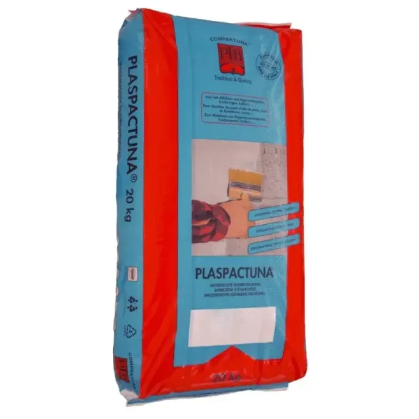 Saco de Plaspactuna de 20 kg, producto ideal para impermeabilización y acabado de superficies. Diseño en colores azul y rojo, con información sobre su uso y propiedades en el empaque.